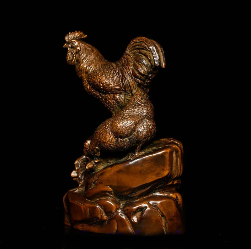 7/" Old Chinese Boxwood Wood Carved Feng Shui Zodiac Rooster Cock Lucky Statue